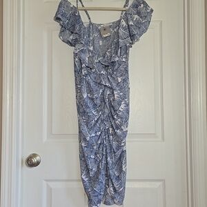 New Olivaceous Blue White Leaf Print Asymetric Hidden Zipper Ruched Dress M